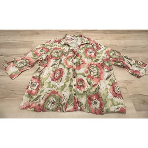 JM Collection Women 24W Blouse Floral Linen‎ Button Up Shirt 3/4 Sleeve Collar
